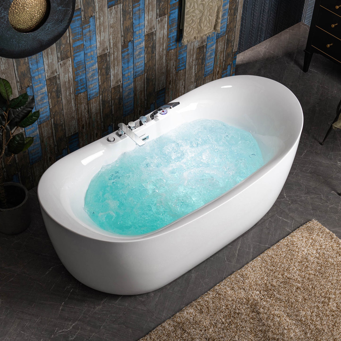 WOODBRIDGE 72" x 35-3/8" Whirlpool Water Jetted and Air Bubble Freestanding Heated Soaking Combination Bathtub with Tub Filler and LED control panel