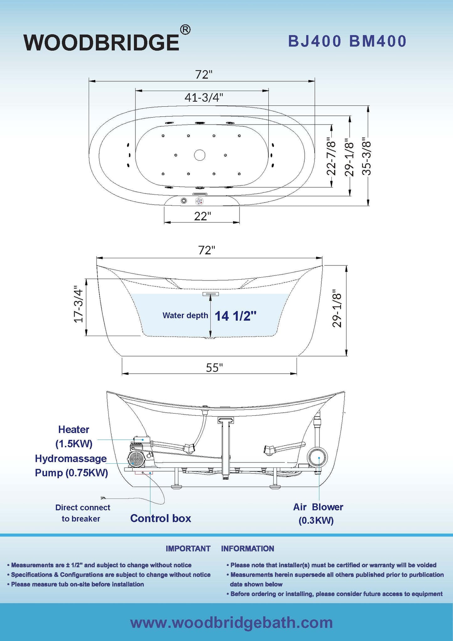 Best Seller WOODBRIDGE 72" x 35-3/8" Whirlpool Water Jetted and Air Bubble Freestanding Heated Soaking Combination Bathtub with LED control panel