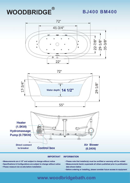 Best Seller WOODBRIDGE 72" x 35-3/8" Whirlpool Water Jetted and Air Bubble Freestanding Heated Soaking Combination Bathtub with LED control panel