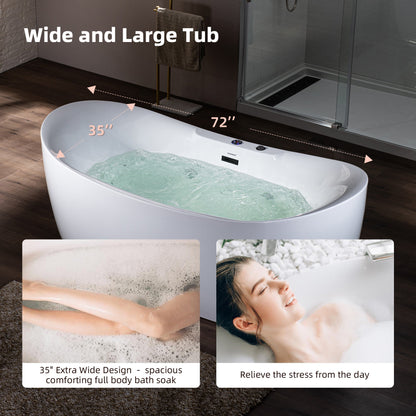 Best Seller WOODBRIDGE 72" x 35-3/8" Whirlpool Water Jetted and Air Bubble Freestanding Heated Soaking Combination Bathtub with LED control panel