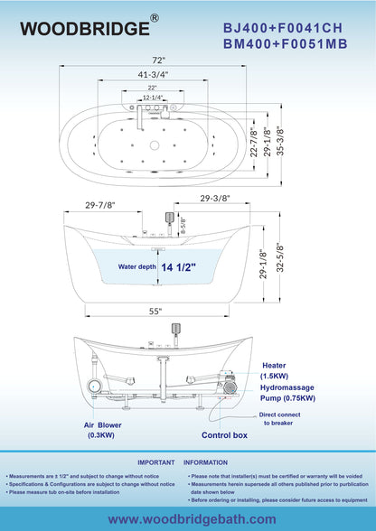 WOODBRIDGE 72" x 35-3/8" Whirlpool and Air Bath Heated Soaking Combination Tub with Adjustable Speed Air Blower, Tub Filler, and LED control panel, Matte Black Finish Trim and Drain Kit