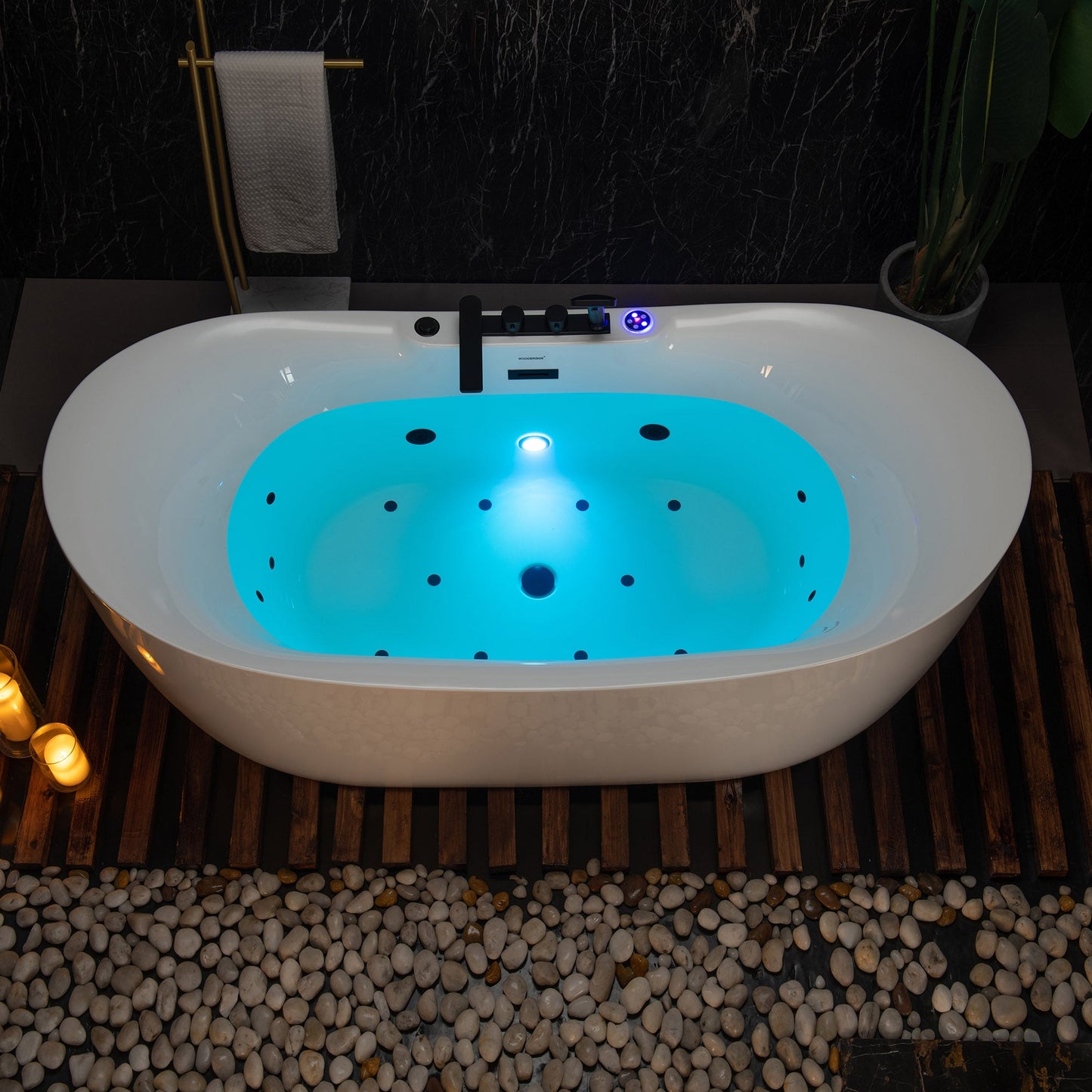 WOODBRIDGE 72" x 35-3/8" Whirlpool and Air Bath Heated Soaking Combination Tub with Adjustable Speed Air Blower, Tub Filler, and LED control panel, Matte Black Finish Trim and Drain Kit