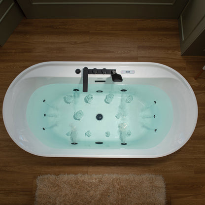 WOODBRIDGE 72" x 35-3/8" Whirlpool and Air Bath Heated Soaking Combination Tub with Adjustable Speed Air Blower, Tub Filler, and LED control panel, Matte Black Finish Trim and Drain Kit