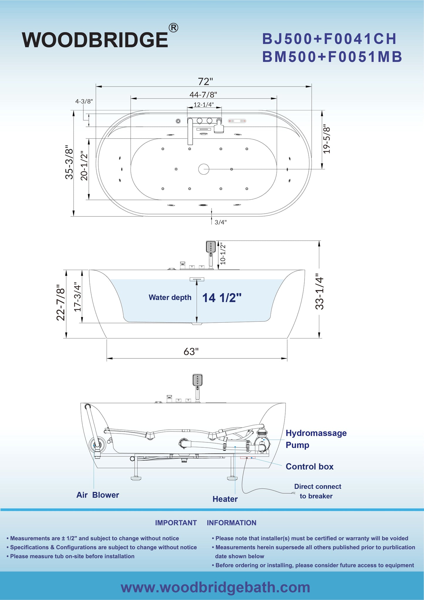 WOODBRIDGE 72" x 35-3/8" Whirlpool and Air Bath Heated Soaking Combination Tub with Adjustable Speed Air Blower, Tub Filler, and LED control panel, Matte Black Finish Trim and Drain Kit