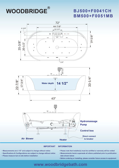 WOODBRIDGE 72" x 35-3/8" Whirlpool and Air Bath Heated Soaking Combination Tub with Adjustable Speed Air Blower, Tub Filler, and LED control panel, Matte Black Finish Trim and Drain Kit