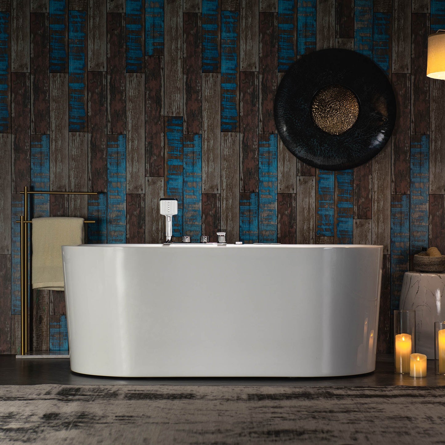 WOODBRIDGE 59" x 31-1/2" Whirlpool Water Jetted and Air Bubble Freestanding Heated Soaking Combination Bathtub with Tub Filler and LED control panel