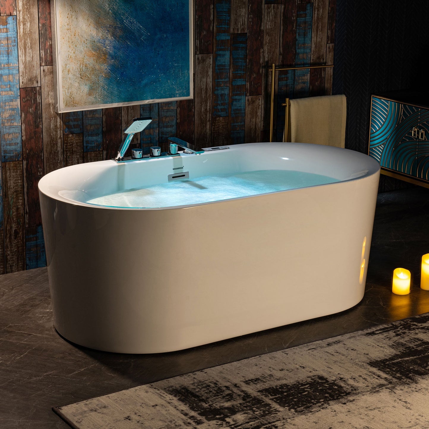 WOODBRIDGE 59" x 31-1/2" Whirlpool Water Jetted and Air Bubble Freestanding Heated Soaking Combination Bathtub with Tub Filler and LED control panel