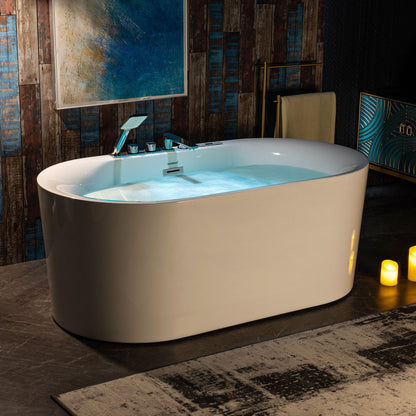 WOODBRIDGE 59" x 31-1/2" Whirlpool Water Jetted and Air Bubble Freestanding Heated Soaking Combination Bathtub with Tub Filler and LED control panel