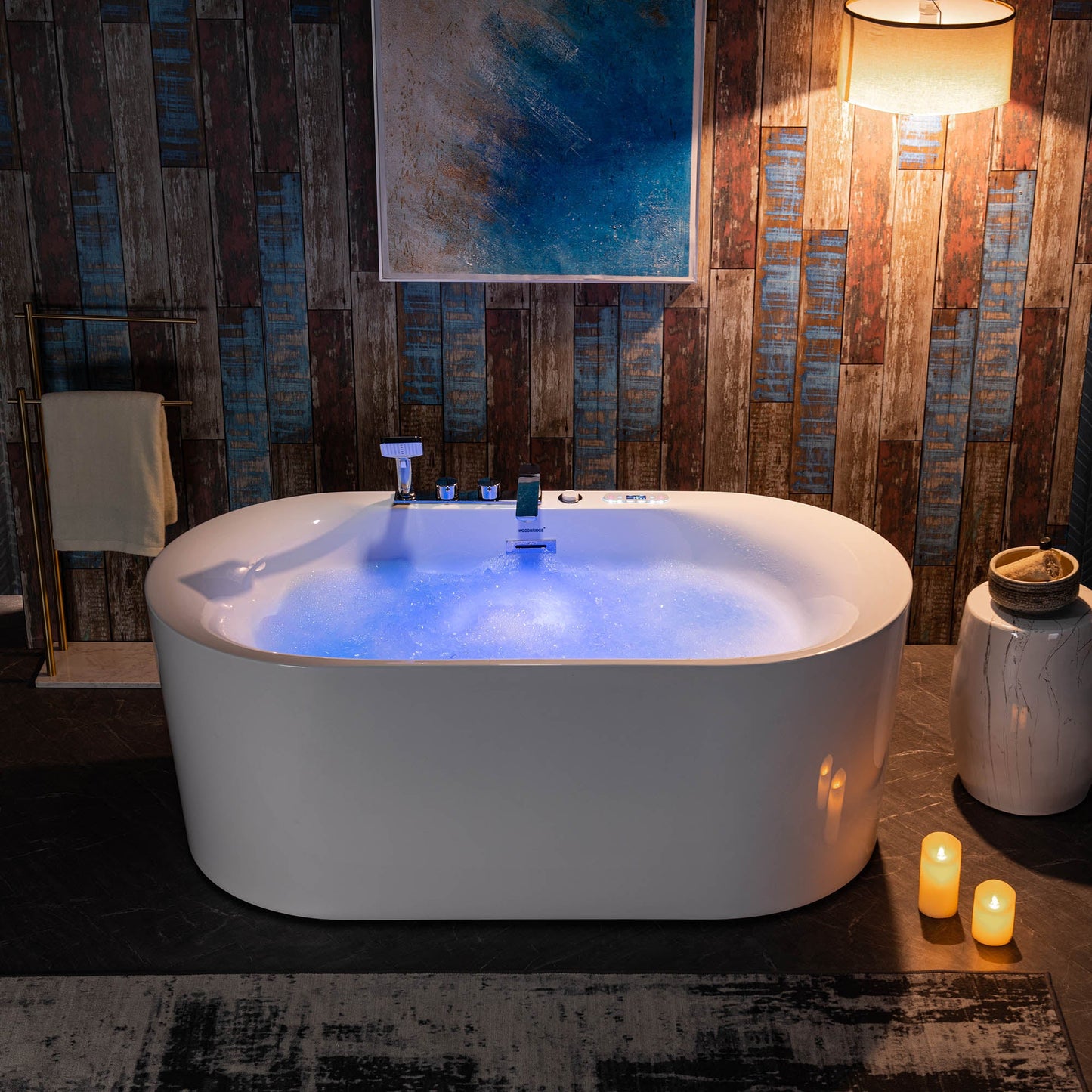 WOODBRIDGE 59" x 31-1/2" Whirlpool Water Jetted and Air Bubble Freestanding Heated Soaking Combination Bathtub with Tub Filler and LED control panel