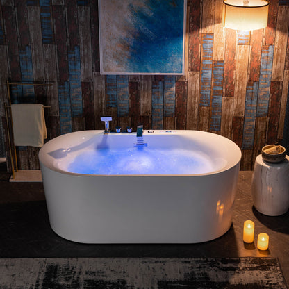 WOODBRIDGE 59" x 31-1/2" Whirlpool Water Jetted and Air Bubble Freestanding Heated Soaking Combination Bathtub with Tub Filler and LED control panel
