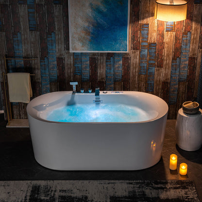 WOODBRIDGE 59" x 31-1/2" Whirlpool Water Jetted and Air Bubble Freestanding Heated Soaking Combination Bathtub with Tub Filler and LED control panel
