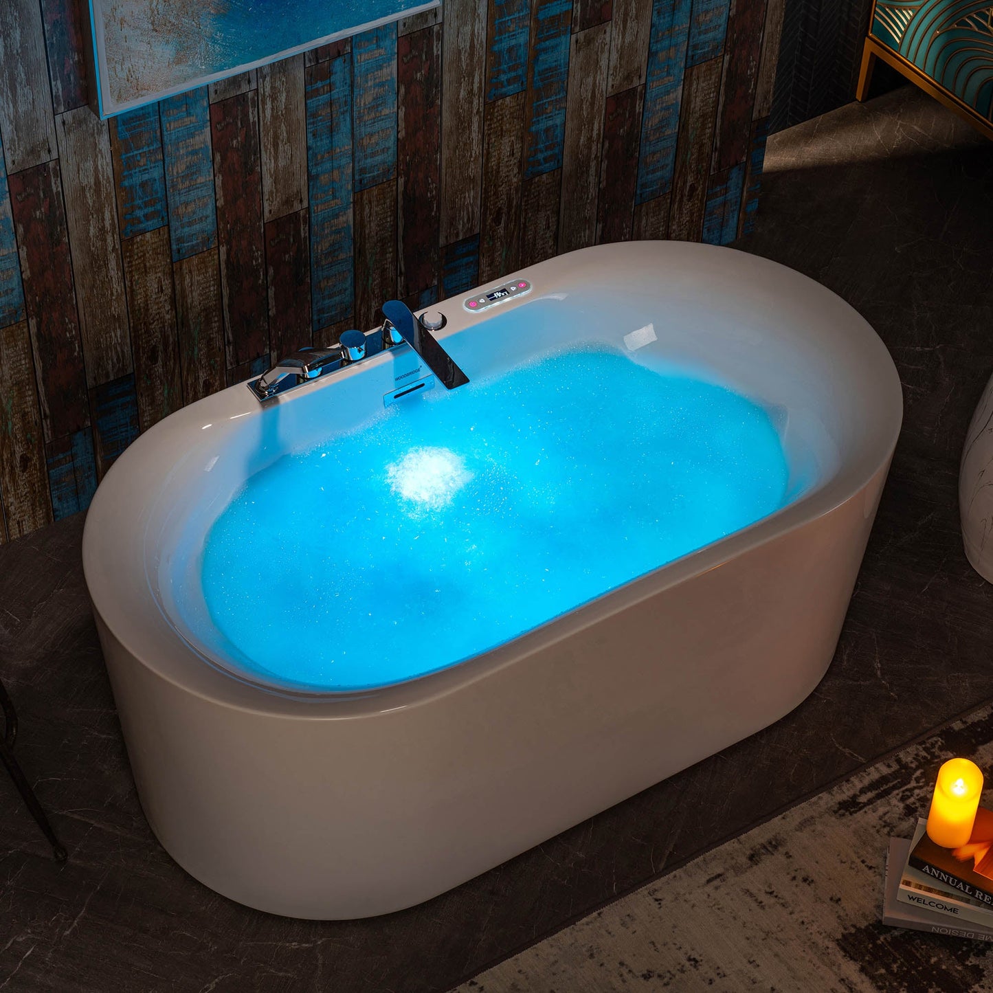 WOODBRIDGE 59" x 31-1/2" Whirlpool Water Jetted and Air Bubble Freestanding Heated Soaking Combination Bathtub with Tub Filler and LED control panel