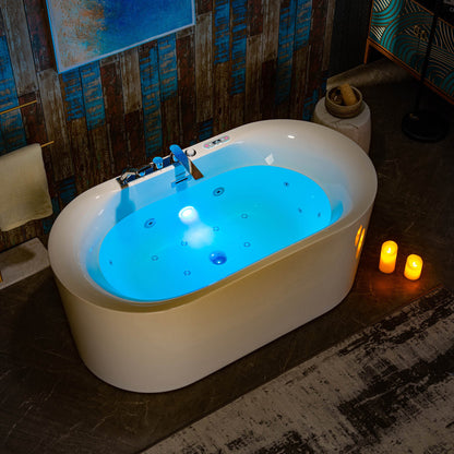 WOODBRIDGE 59" x 31-1/2" Whirlpool Water Jetted and Air Bubble Freestanding Heated Soaking Combination Bathtub with Tub Filler and LED control panel