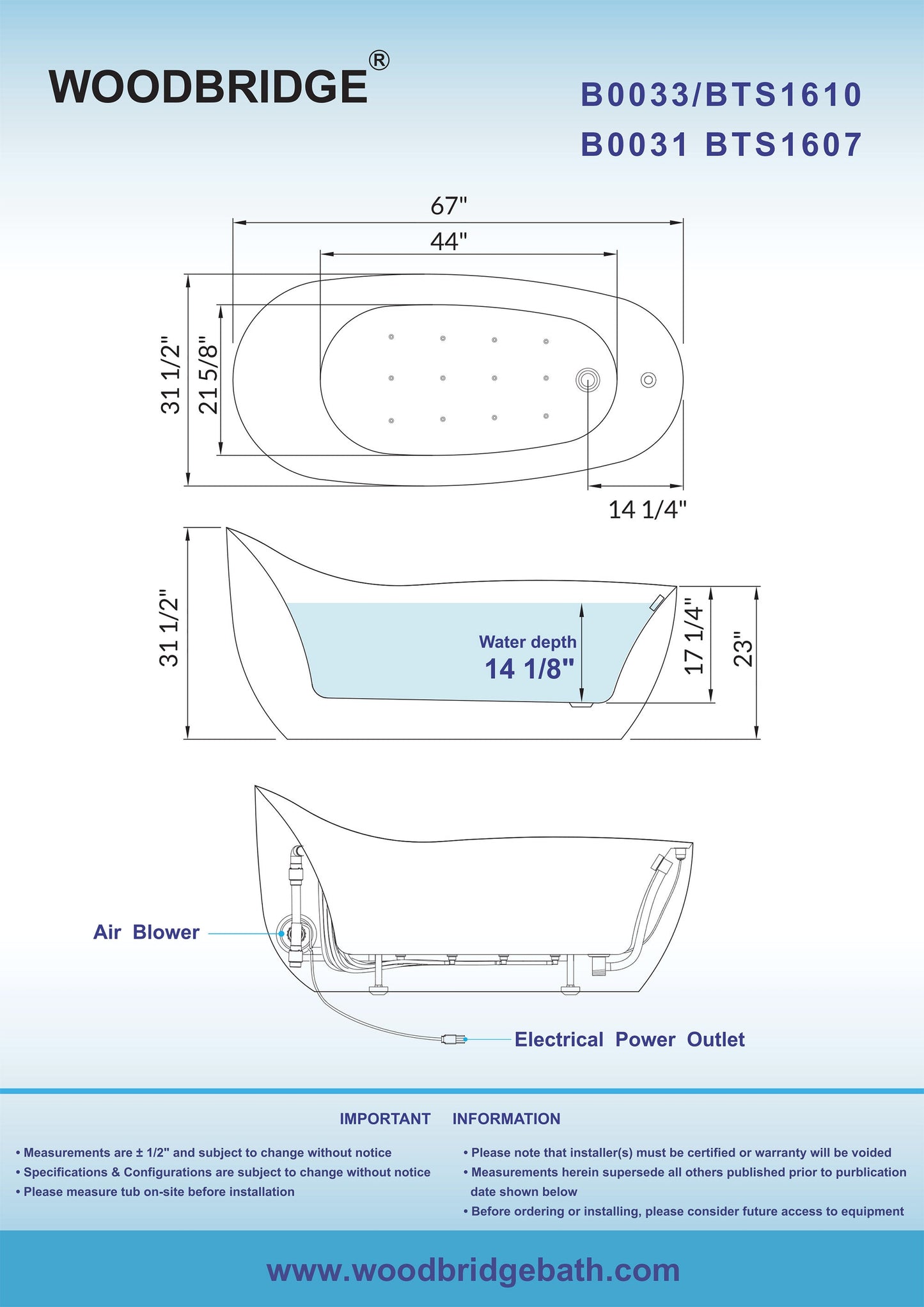 WOODBRIDGE BTS1607/B0031 67" Air Bubble Freestanding Bathtub
