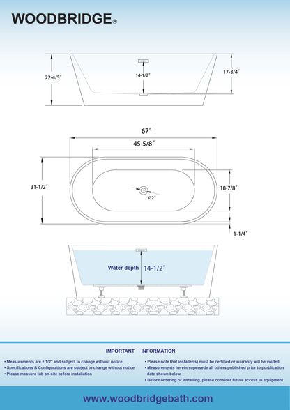 WOODBRIDGE 67" L x 31-1/2" W Freestanding Contemporary Acrylic Soaking Bathtub