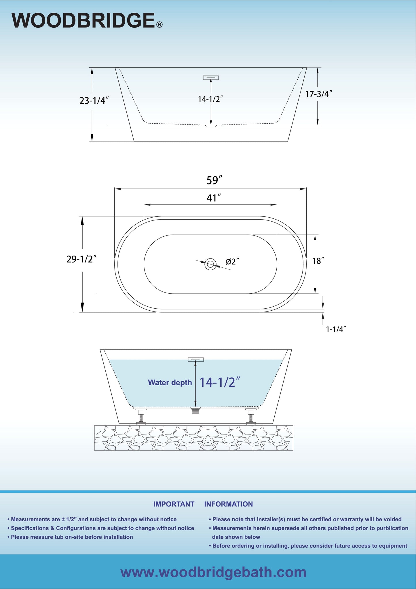 WOODBRIDGE 59" L x 29-1/2" W Freestanding Contemporary Acrylic Soaking Bathtub