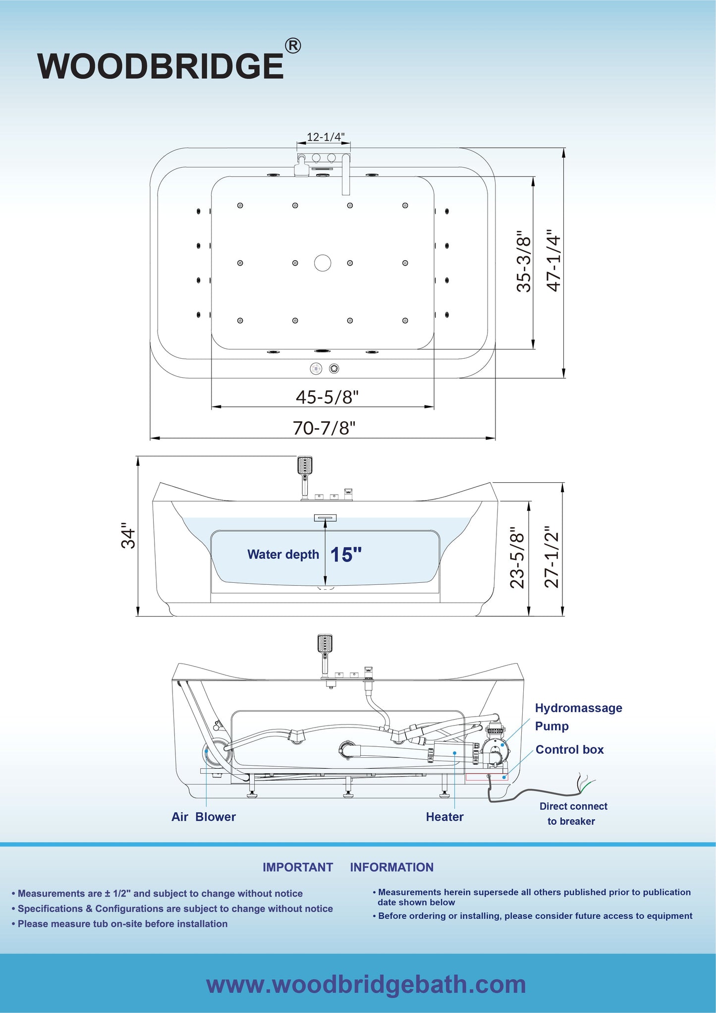 WOODBRIDGE 70-7/8"L x 47-1/4"W 2 Person Freestanding Hydrotherapy Whirlpool and Air Bath Heated Soaking Combination Massage Tub