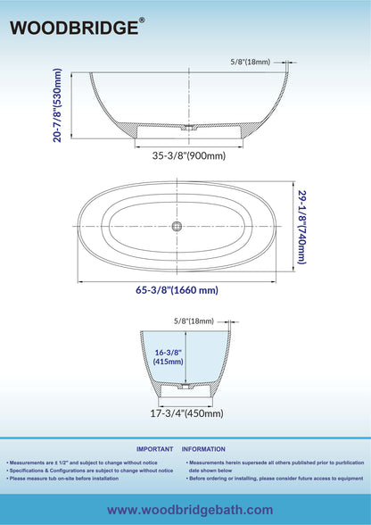 WOODBRIDGE 65-3/8" L x 29-1/8" W Transparent Black Stone Resin Freestanding Soaking Tub
