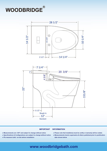 WOODBRIDGE T-0047 One Piece 1.1GPF/1.6 GPF Dual Flush Elongated Toilet with Advance Smart Bidet Toilet in White