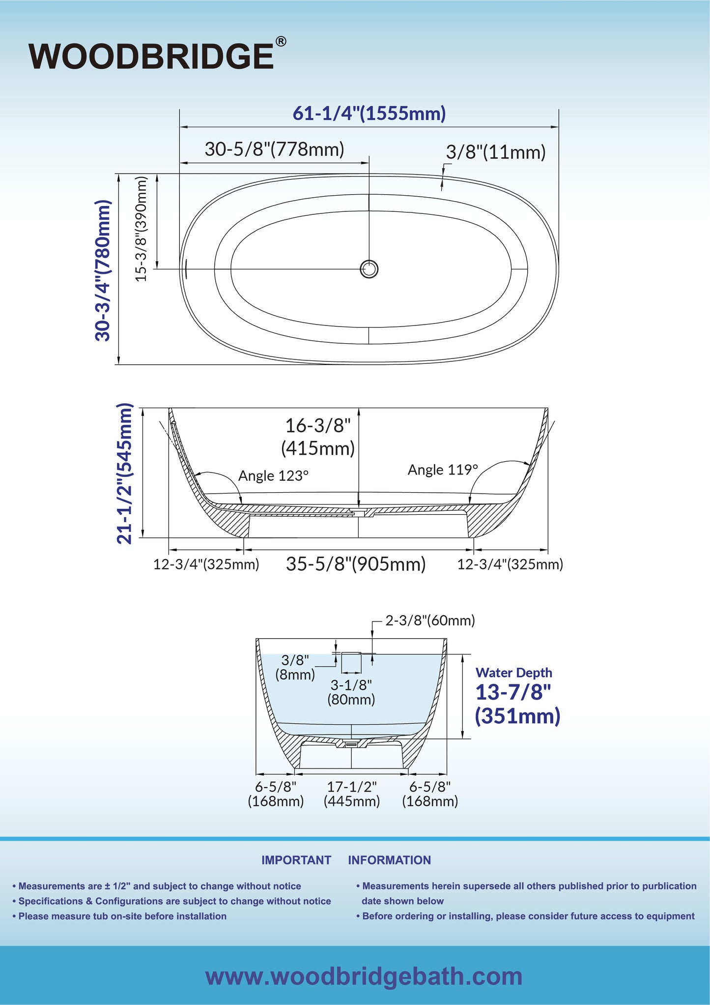 WOODBRIDGE 61-1/4" L x 30-3/4" W Stone Resin Luxury Contemporary Solid Surface Freestanding Soaking Bathtub