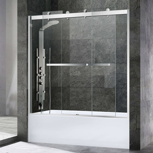 WOODBRIDGE Frameless Bathtub Shower Doors 56-60" Width x 62"Height with 3/8"(10mm) Clear Tempered Glass, 2 Ways Opening & Double Sliding