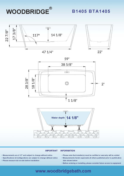 WOODBRIDGE 59" Acrylic Freestanding Double Ended Contemporary Soaking Tub