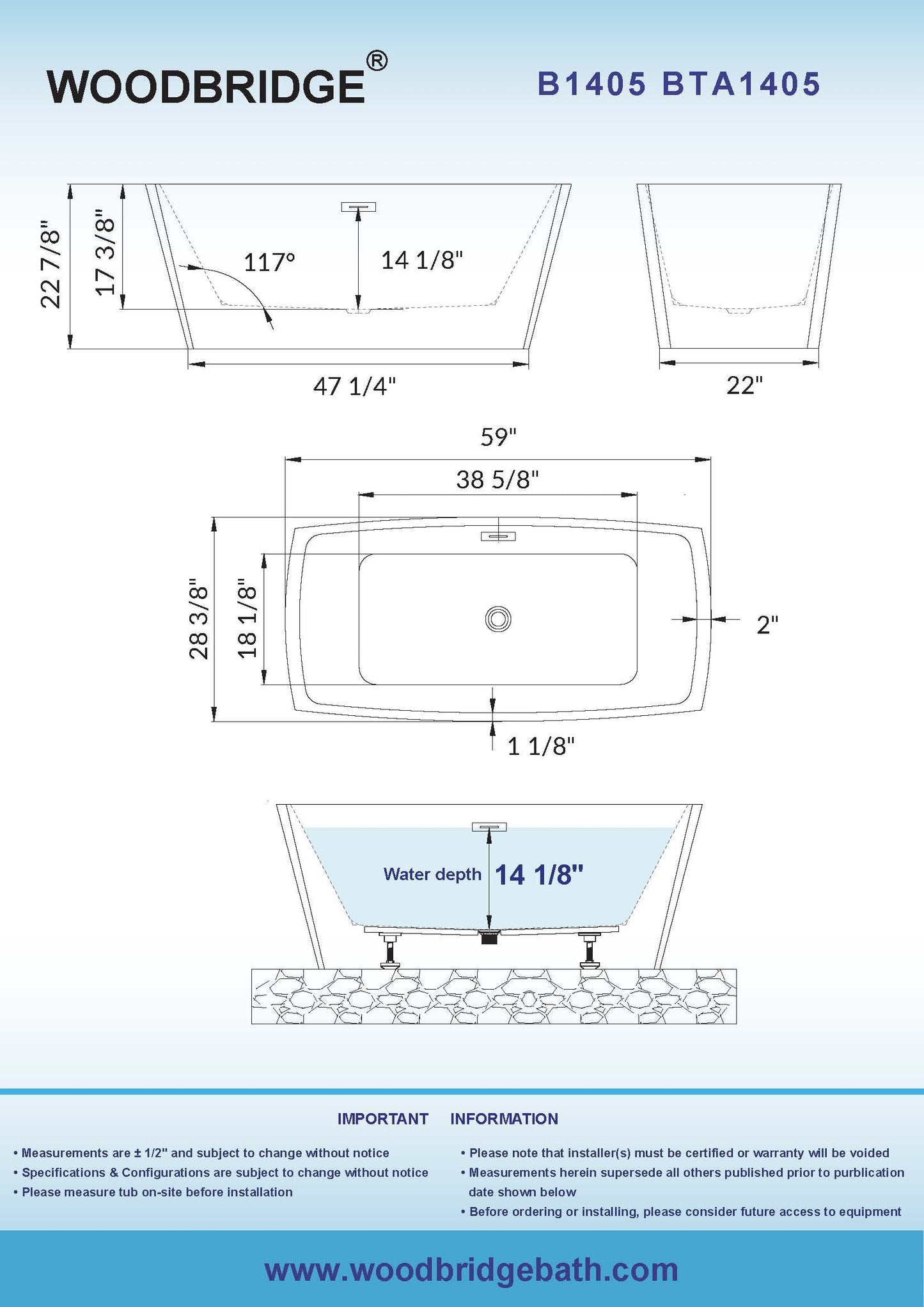 WOODBRIDGE 59" Acrylic Freestanding Double Ended Contemporary Soaking Tub