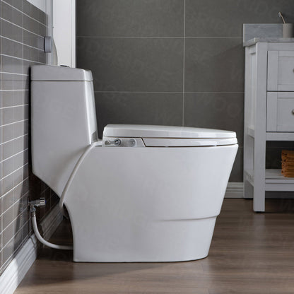 WOODBRIDGE T-0042 One Piece 1.1GPF/1.6 GPF Dual Flush Elongated Toilet with Non-Electric Toilet Seat in White