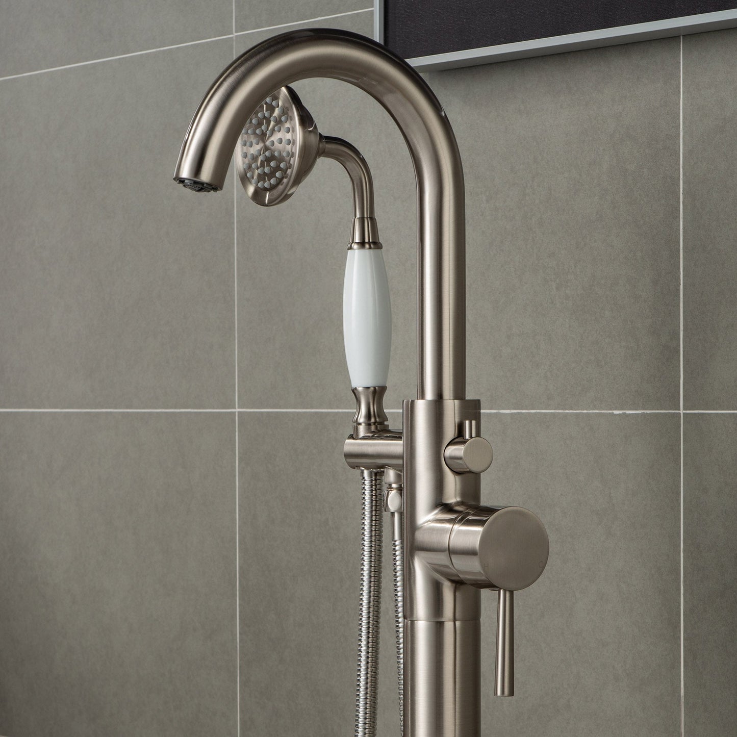 WOODBRIDGE WOODBRIDGEE F0001BNVT Contemporary Single Handle Floor Mount Freestanding Tub Filler Faucet with Hand shower