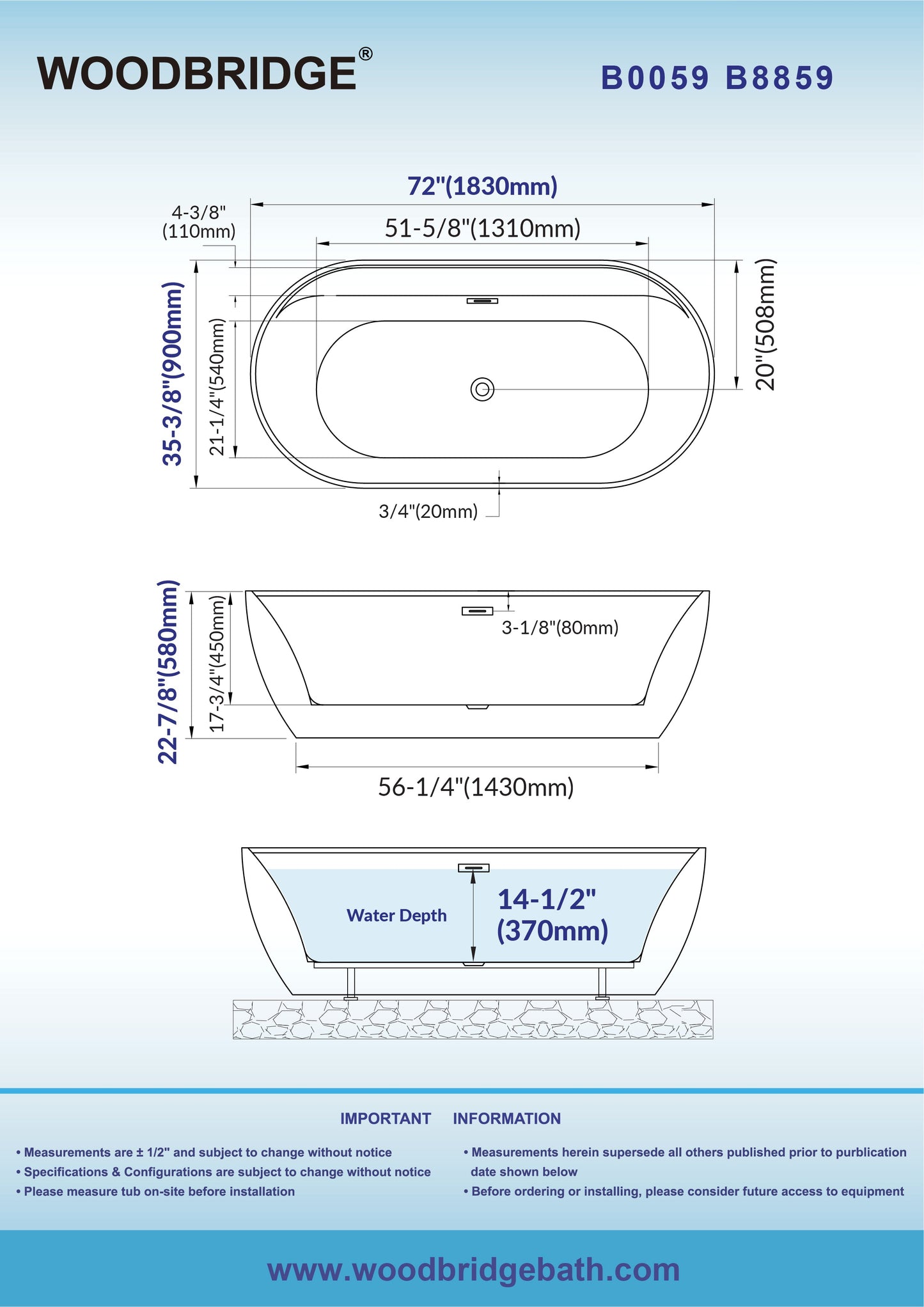 WOODBRIDGE 72" L x 35-3/8" W Freestanding Contemporary Acrylic Soaking Bathtub