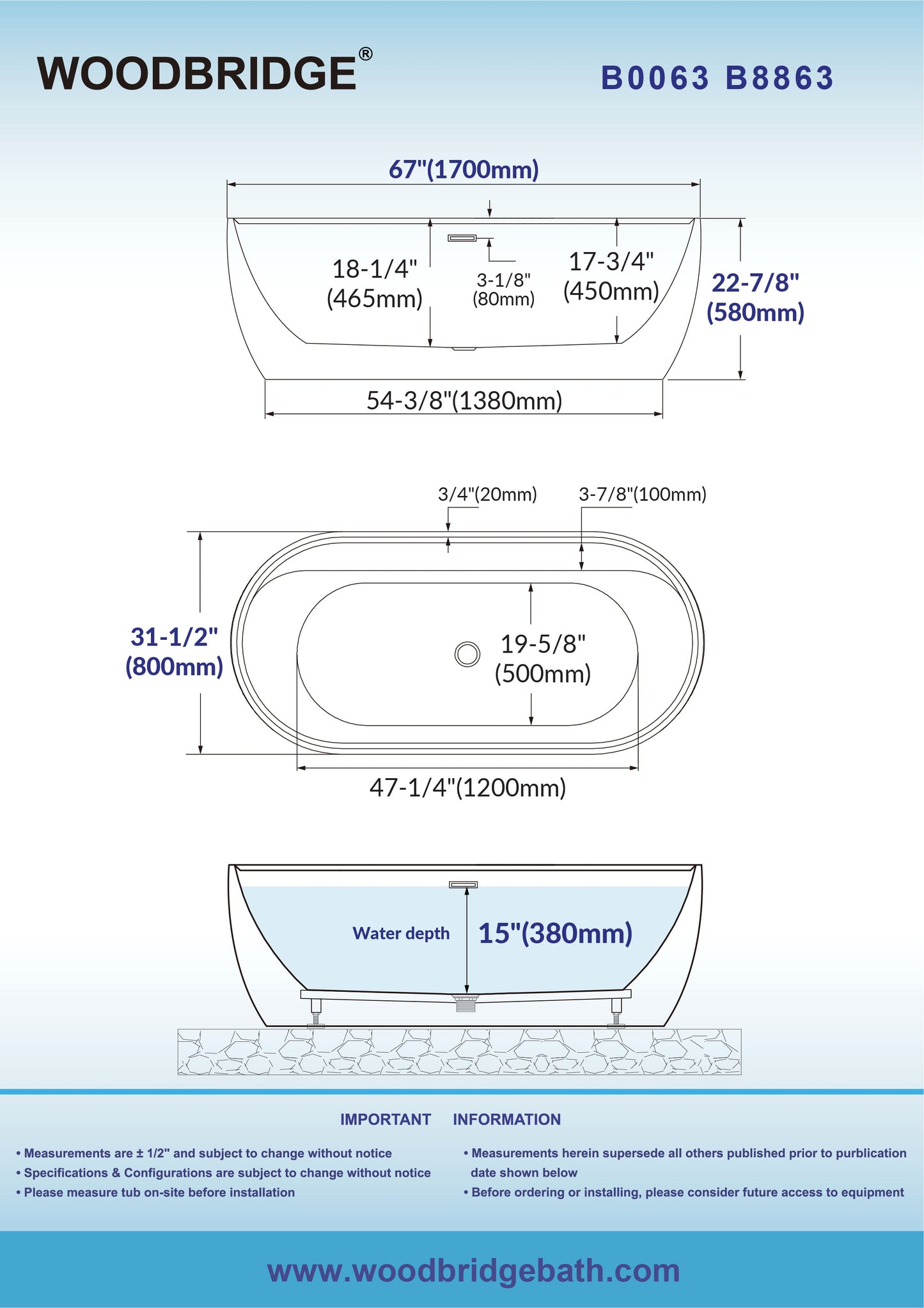 WOODBRIDGE 67" L x 31-1/2" W Freestanding Contemporary Acrylic Soaking Bathtub