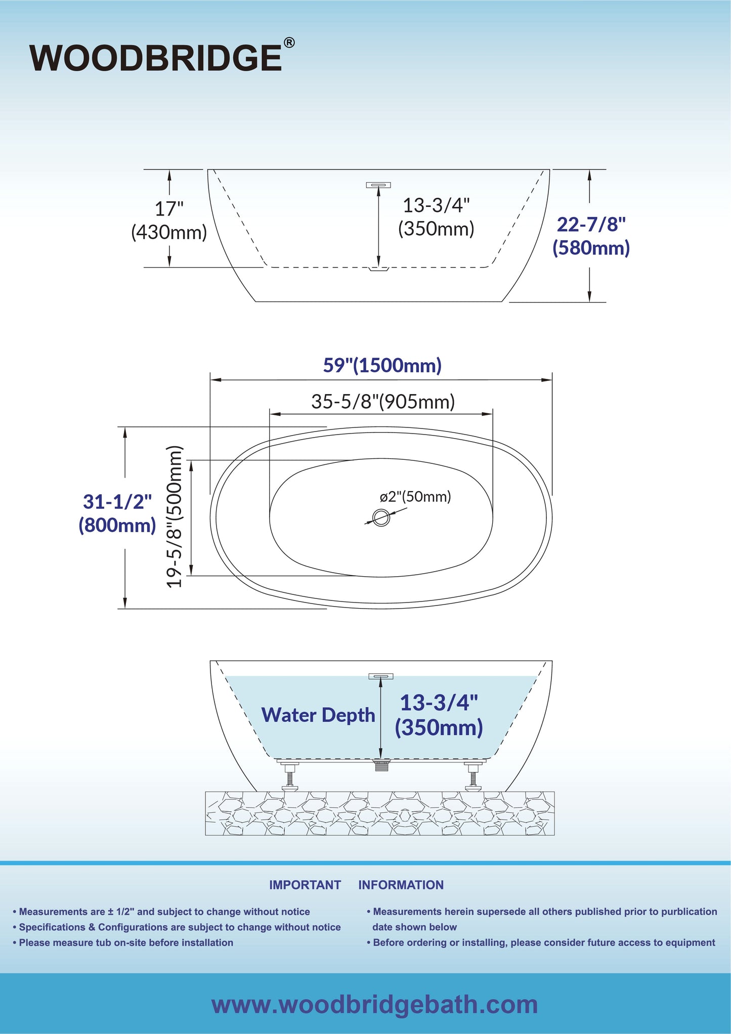 WOODBRIDGE 59" L x 31-1/2" W Freestanding Contemporary Acrylic Soaking Bathtub