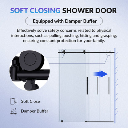 WOODBRIDGE Frameless Single Sliding Shower Doors, 57.5-60" Width x 62"Height with 3/8"(10mm) Clear Tempered Glass, Soft Close System and Explosion-Proof Film
