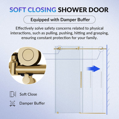 WOODBRIDGE Frameless Single Sliding Shower Doors, 57.5-60" Width x 62"Height with 3/8"(10mm) Clear Tempered Glass, Soft Close System and Explosion-Proof Film