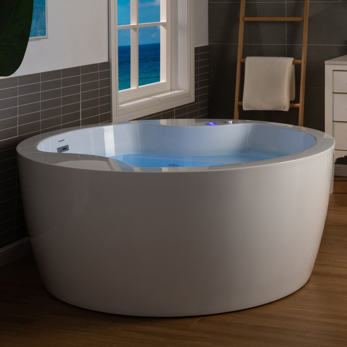 WOODBRIDGE Spacious 59" Whirlpool and Air Bath Heated Soaking Tub with Adjustable Speed Air Blower, LED Control Panel, Integrated Seat