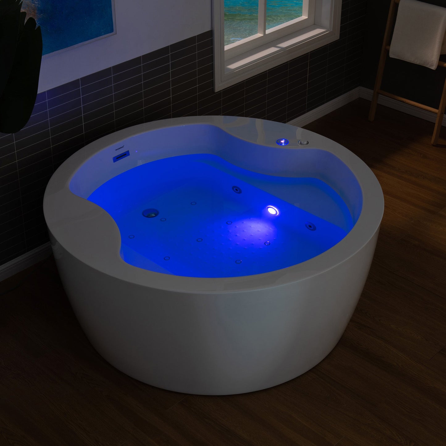 WOODBRIDGE Spacious 59" Whirlpool and Air Bath Heated Soaking Tub with Adjustable Speed Air Blower, LED Control Panel, Integrated Seat