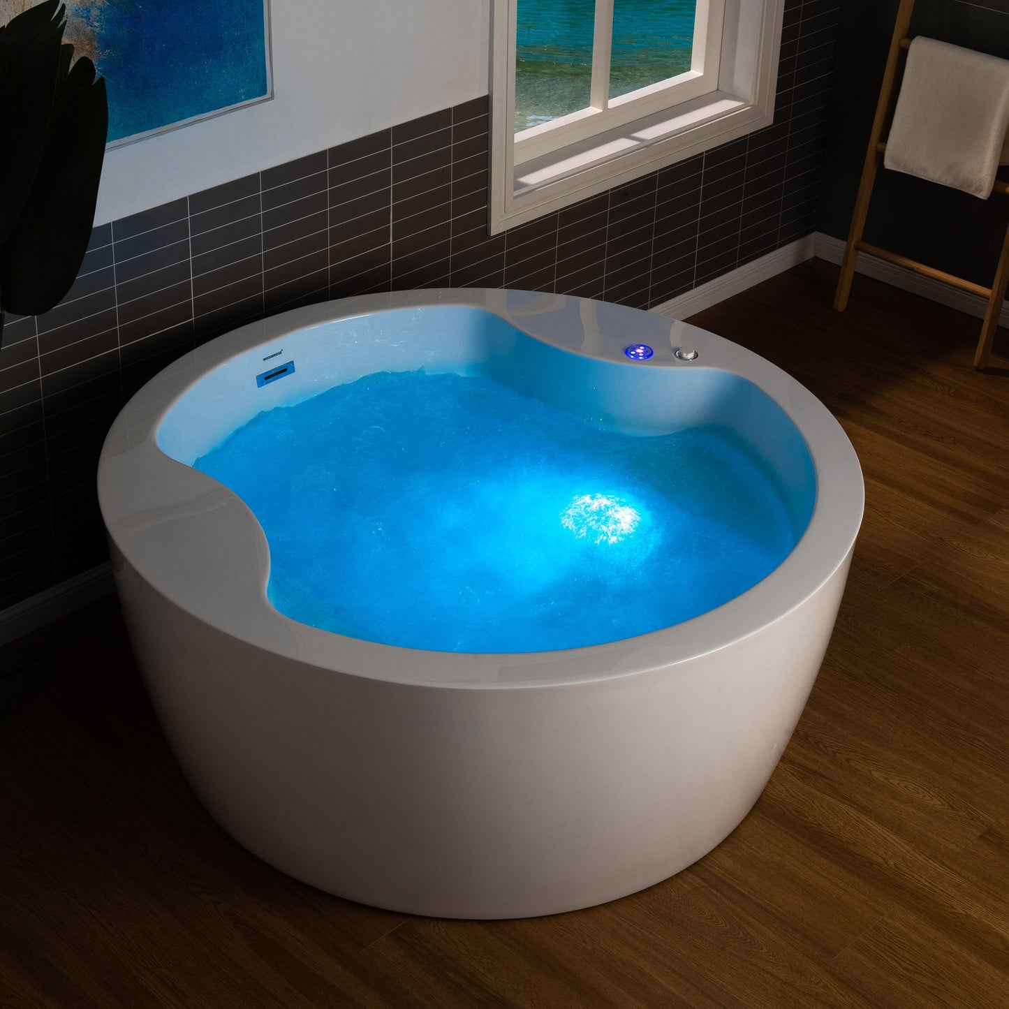 WOODBRIDGE Spacious 59" Whirlpool and Air Bath Heated Soaking Tub with Adjustable Speed Air Blower, LED Control Panel, Integrated Seat
