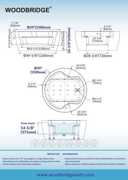WOODBRIDGE Spacious 59" Whirlpool and Air Bath Heated Soaking Tub with Adjustable Speed Air Blower, LED Control Panel, Integrated Seat