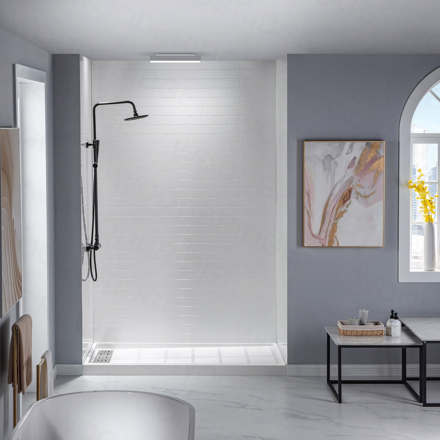 WOODBRIDGE Solid Surface 60" W x 96" H Tile Tub and Shower Wall Panel Surround, Quick Install, Cuttable, Staggered Brick Pattern