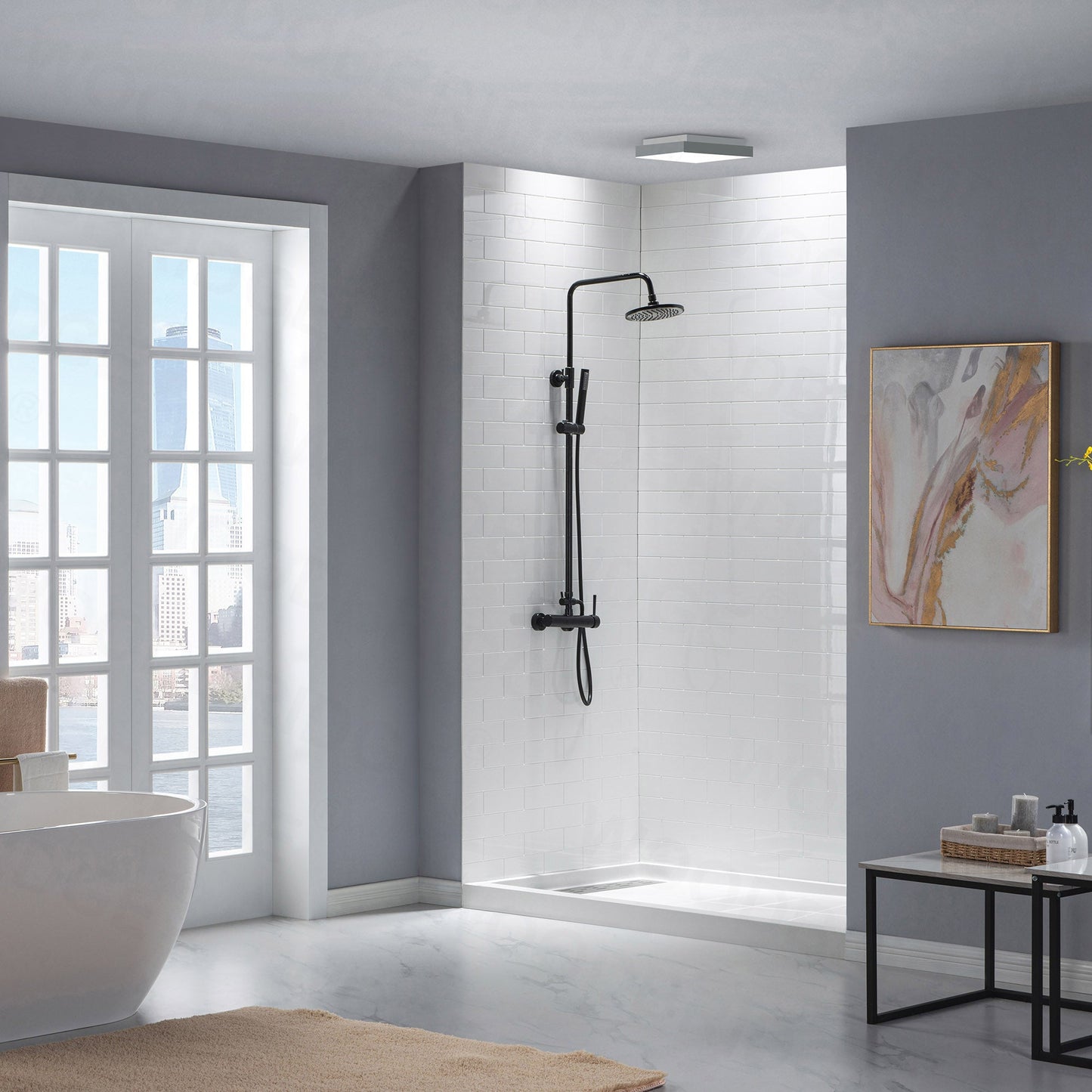 WOODBRIDGE Solid Surface 60" W x 96" H Tile Tub and Shower Wall Panel Surround, Quick Install, Cuttable, Staggered Brick Pattern