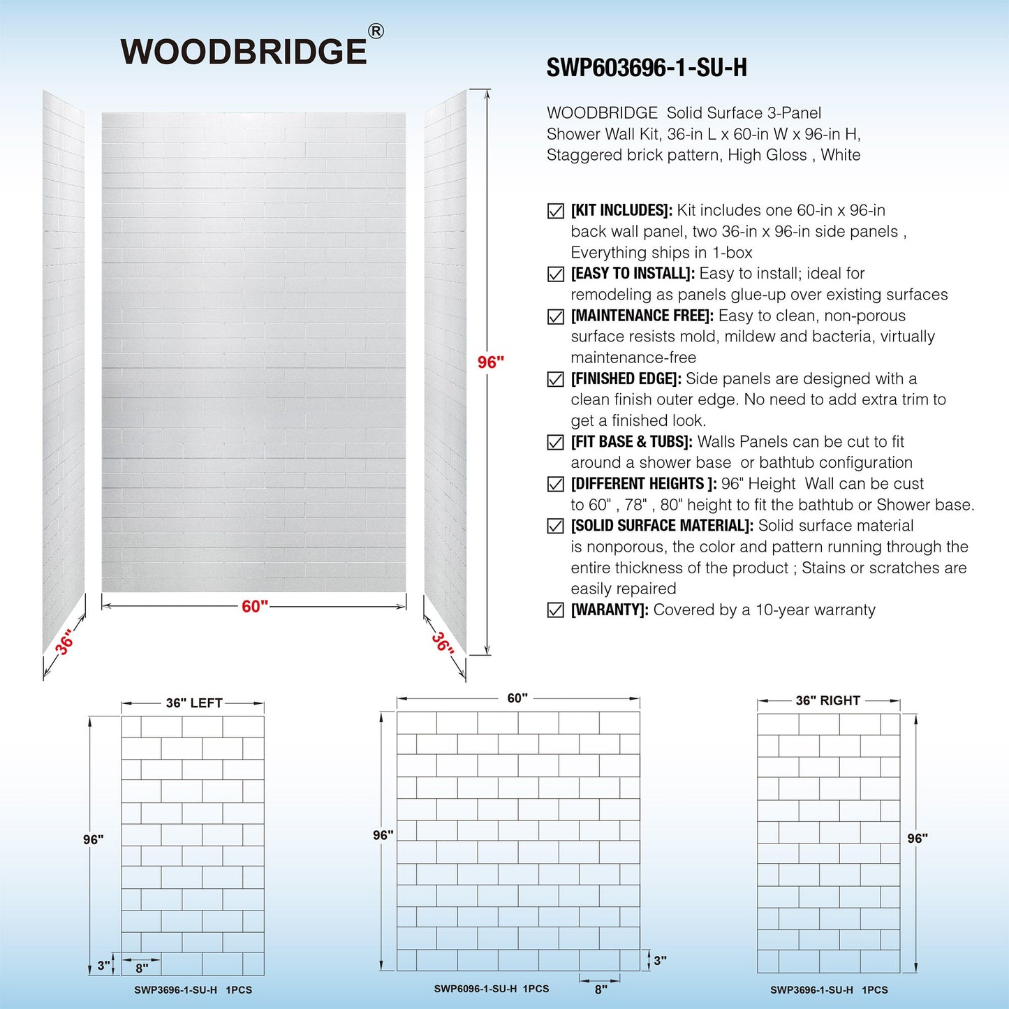 WOODBRIDGE Solid Surface 60" W x 96" H Tile Tub and Shower Wall Panel Surround, Quick Install, Cuttable, Staggered Brick Pattern