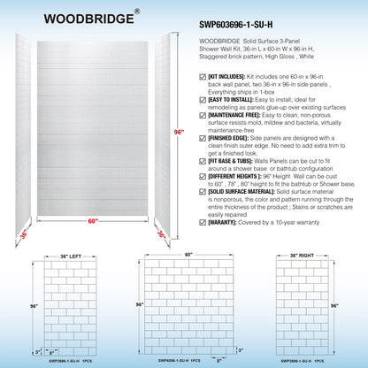 WOODBRIDGE Solid Surface 60" W x 96" H Tile Tub and Shower Wall Panel Surround, Quick Install, Cuttable, Staggered Brick Pattern