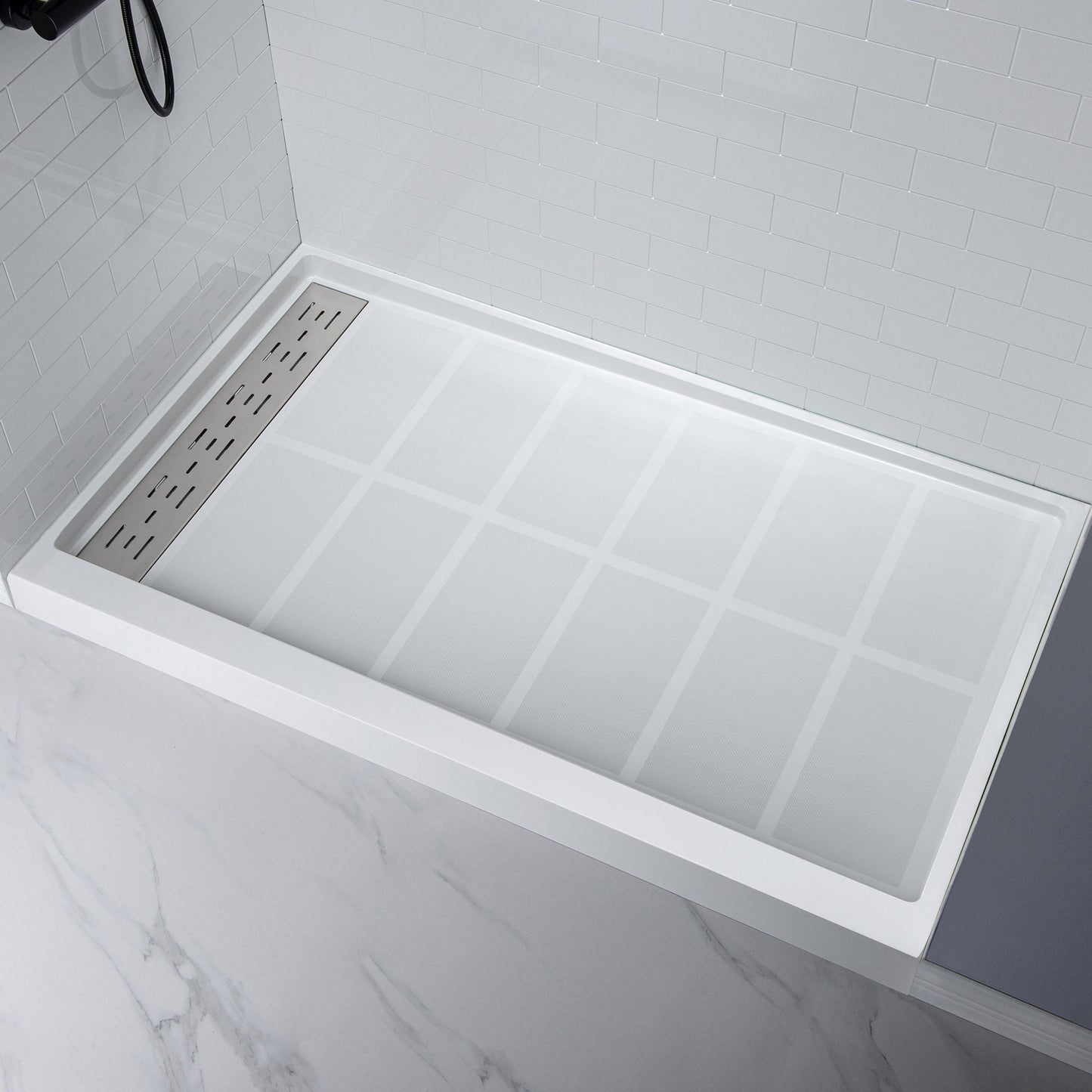 WOODBRIDGE Solid Surface 60" W x 96" H Tile Tub and Shower Wall Panel Surround, Quick Install, Cuttable, Staggered Brick Pattern