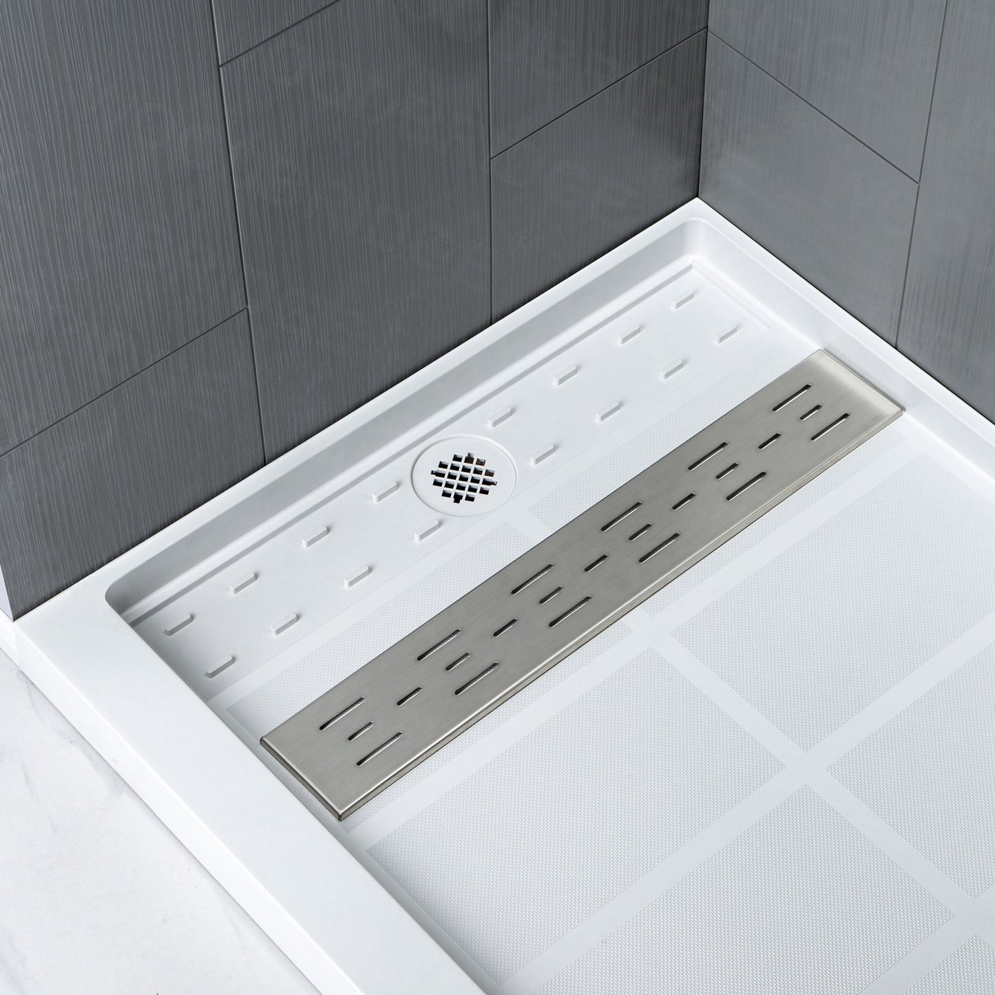 Best Seller WOODBRIDGE Solid Surface 60" W x 96" H Tile Tub and Shower Wall Panel Surround, Quick Install, Cuttable, Stacked Block in a Staggered Vertical Pattern