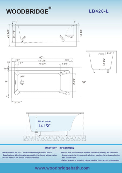 WOODBRIDGE 60" Acrylic Rectangular Alcove Soaking Bathtub in White with Left Drain