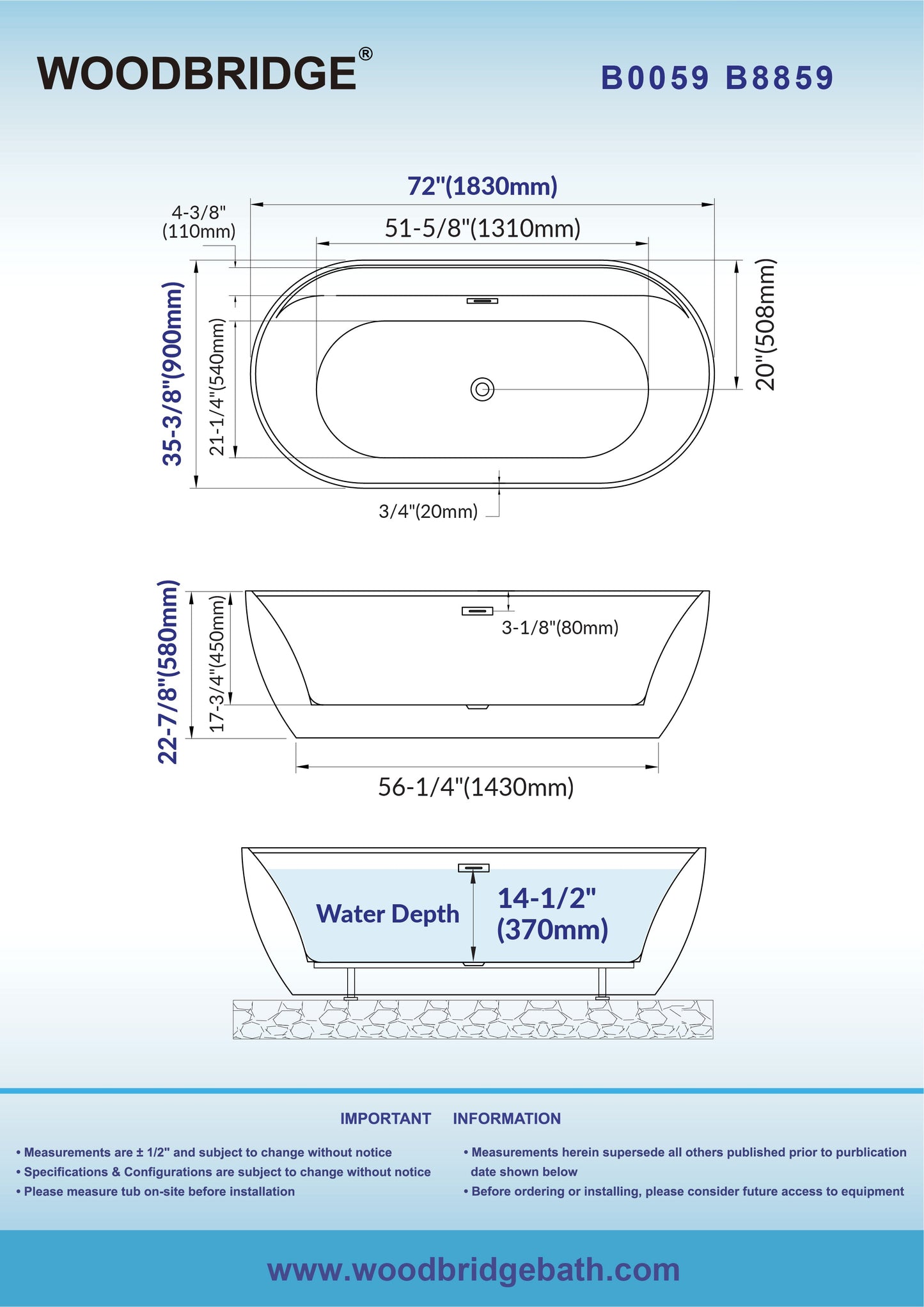 WOODBRIDGE 72" L x 35-3/8" W Freestanding Contemporary Acrylic Soaking Bathtub
