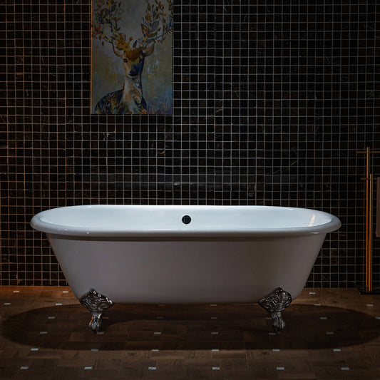 WOODBRIDGE 66" Enameled Cast Iron Double Ended Clawfoot Bathtub with Chrome Iron Feet, White, TC0066