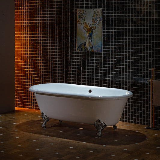 WOODBRIDGE 66" Enameled Cast Iron Double Ended Clawfoot Bathtub with Chrome Iron Feet, White, TC0066