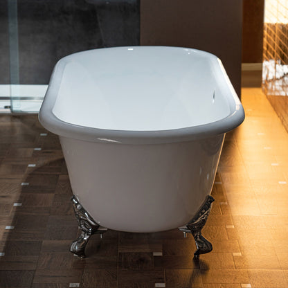 WOODBRIDGE 66" Enameled Cast Iron Double Ended Clawfoot Bathtub with Chrome Iron Feet, White, TC0066