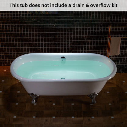 WOODBRIDGE 66" Enameled Cast Iron Double Ended Clawfoot Bathtub with Chrome Iron Feet, White, TC0066